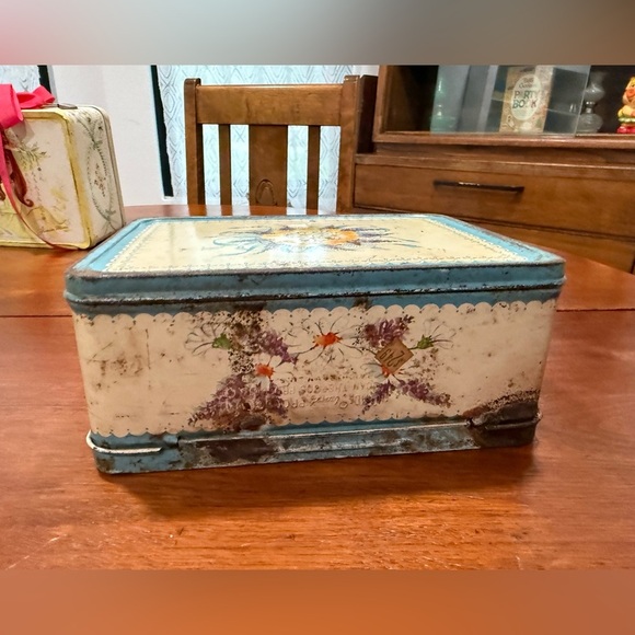 Vintage 1950s Thermos Corsage Flower Metal Lunchbox – Blue Floral Design - Picture 7 of 13